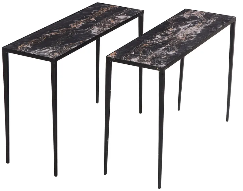 PAIR IRON CONSOLE TABLES HAVING INSET ITALIAN NERO PORTO MARBLE TOPS, from auction in Philadelphia, Pennsylvania