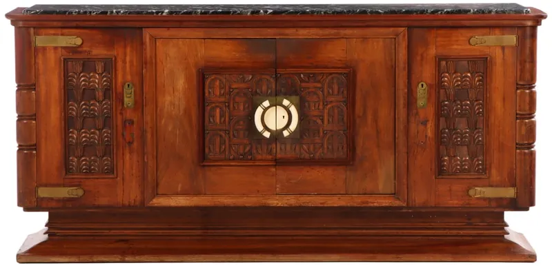 RARE AND UNUSUAL FRENCH CARVED MAHOGANY MARBLE TOP SIDEBOARD HAVING BONE HANDLES AND UNUSUAL from auction in Philadelphia, Pennsylvania