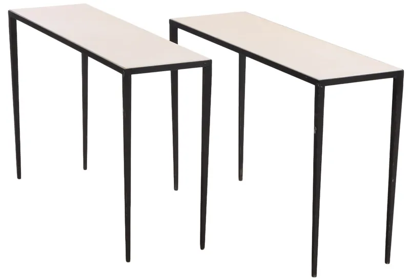 PAIR OF IRON AND PARCHMENT CONSOLE TABLES IN THE MANNER OF JEAN-MICHEL FRANK. from auction in Philadelphia, Pennsylvania