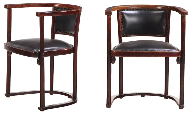 PAIR OF WOOD AND LEATHER ARM CHAIRS LABELED THONET C 1910. from auction in Philadelphia, Pennsylvania