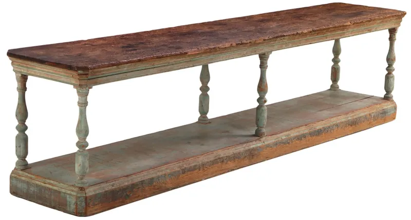 FRENCH DRAPERS TABLE HAVING ELEGANT BALUSTER FORM LEGS IN OLD BLUE PAINT C 1900. from auction in Philadelphia, Pennsylvania
