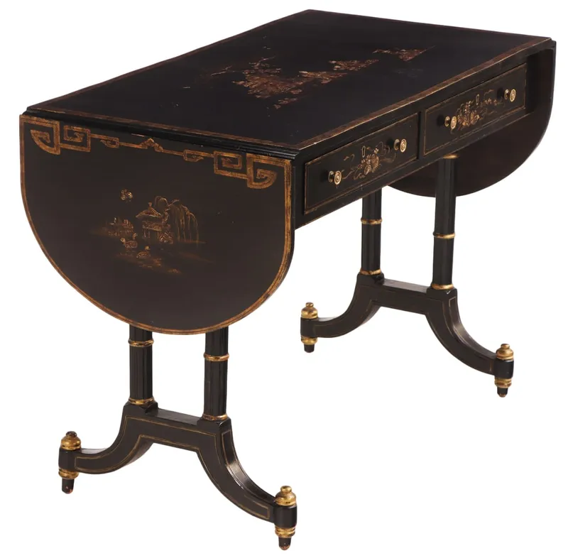 CHINOISERIE DECORATED DROPLEAF SOFA TABLE HAVING FAUX BAMBOO UPRIGHTS AND TWO DRAWERS C 1945. from auction in Philadelphia, Pennsylvania