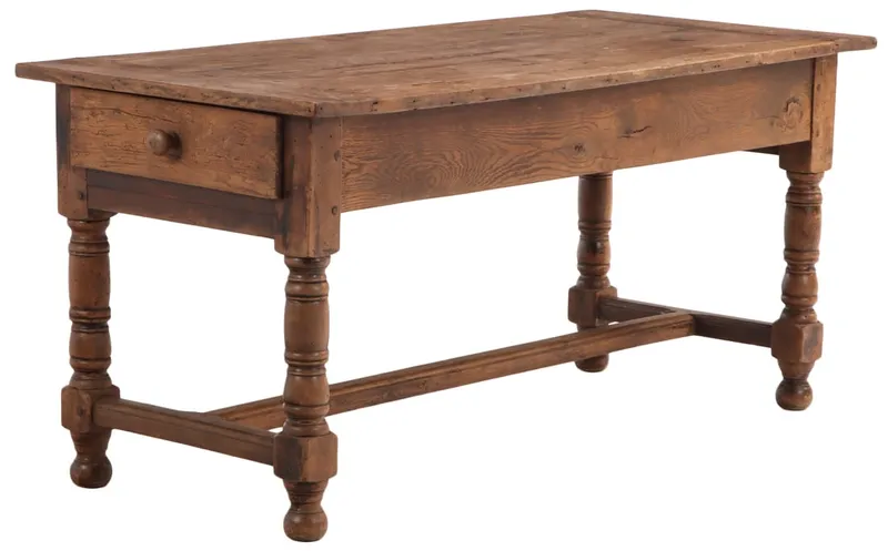 EIGHTEENTH CENTURY FRENCH FARM TABLE WITH STRETCHER BASE AND TURNED LEGS, from auction in Philadelphia, Pennsylvania
