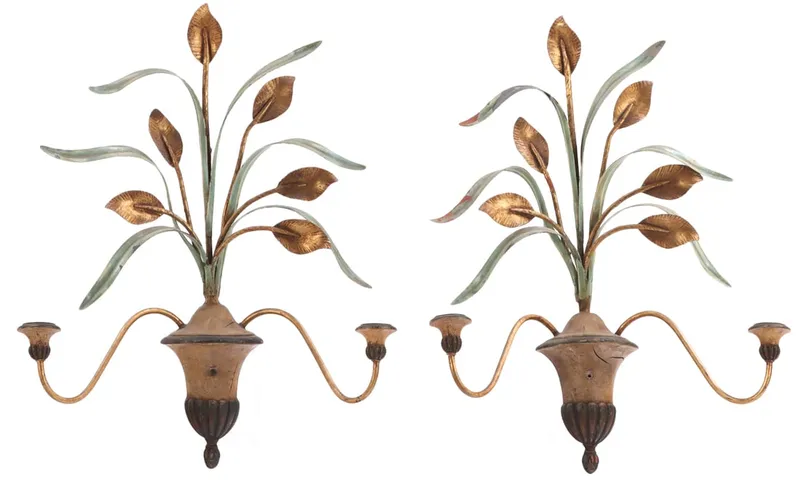 PAIR OF PAINTED AND IRON AND GESSO PAINTED ITALIAN WALL SCONCES C 1960. from auction in Philadelphia, Pennsylvania