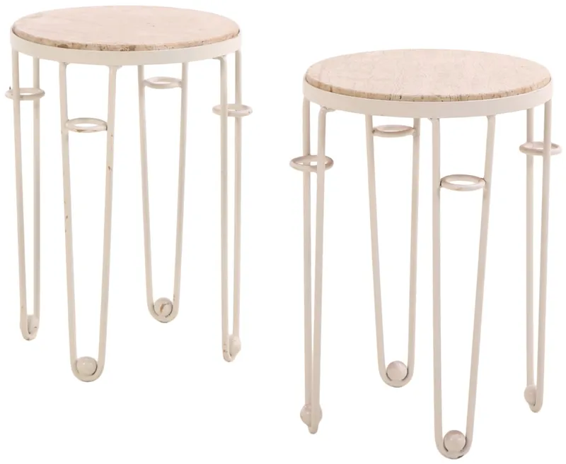 PAIR OF PAINTED IRON TABLES HAVING INSET MARBLE TOPS IN THE MANNER OF JEAN ROYERE. from auction in Philadelphia, Pennsylvania