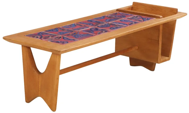 FRENCH OAK AND TILE COFFEE TABLE WITH MAGAZINE STORAGE BY GUILLERME AND CHAMBRON C 1960. from auction in Philadelphia, Pennsylvania