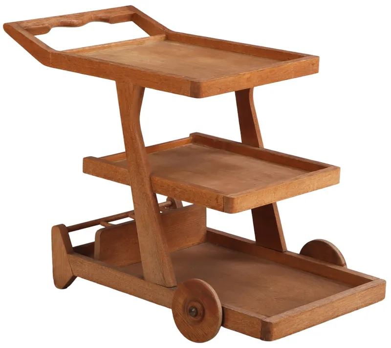 FRENCH OAK THREE TIERED BAR CART ATTRIBUTED TO CHAMBRON AND GUILLERME C 1965. from auction in Philadelphia, Pennsylvania