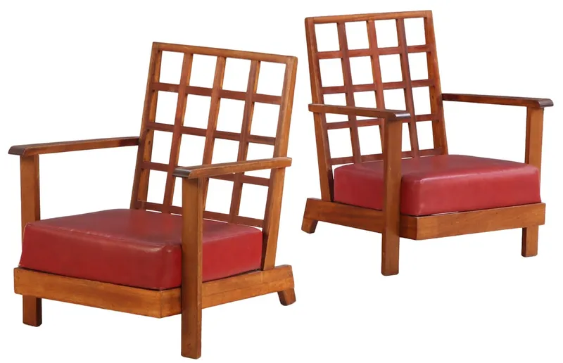 PAIR OF FRENCH MAHOGANY OPEN ARM CHAIRS BY RENE GABRIEL WITH OPEN WORK BACK AND HAVING ORIGINAL from auction in Philadelphia, Pennsylvania
