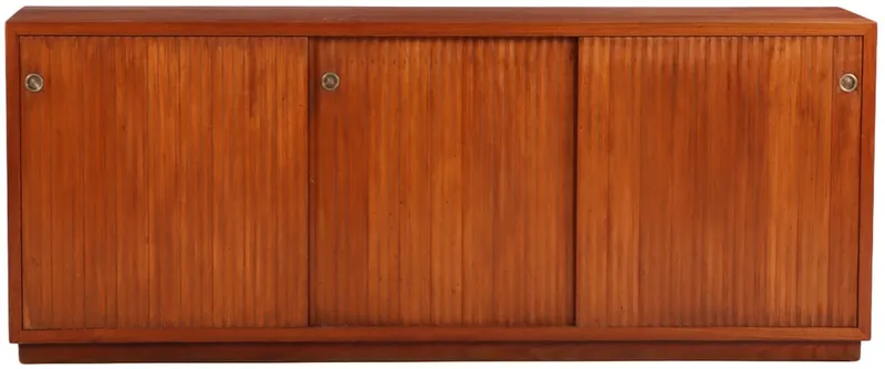 FIGURED WALNUT SIDEBOARD C 1950 HAVING THREE FAUX TAMBOUR SLIDING DOORS AND THE LEFT COMPARTMENT from auction in Philadelphia, Pennsylvania