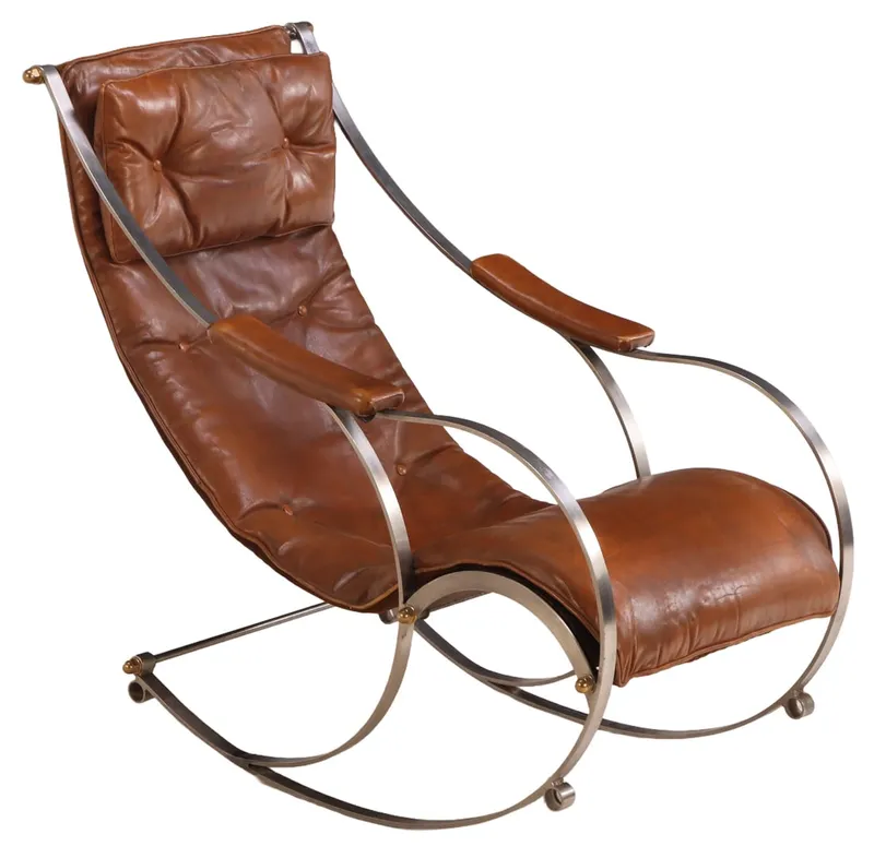 STEEL, BRASS AND LEATHER ROCKING CHAIR ATTRIBUTED TO R W WINFIELD, ENGLAND. from auction in Philadelphia, Pennsylvania