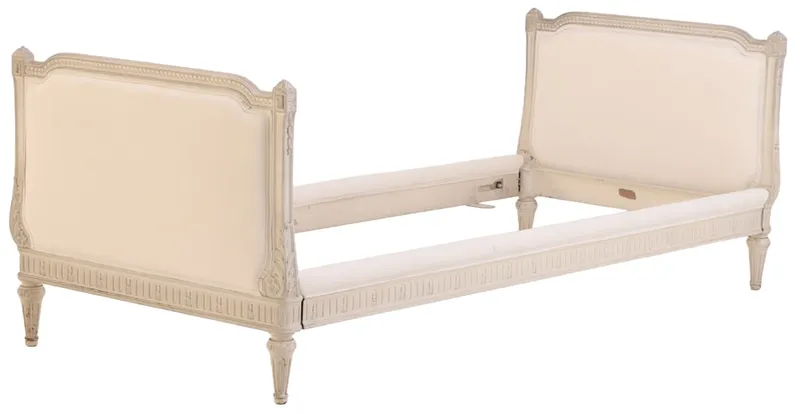 PAINTED AND CARVED WOOD FRENCH LOUIS XVI STYLE DAYBED WITH ORIGINAL BOX SPRING C 1920. from auction in Philadelphia, Pennsylvania