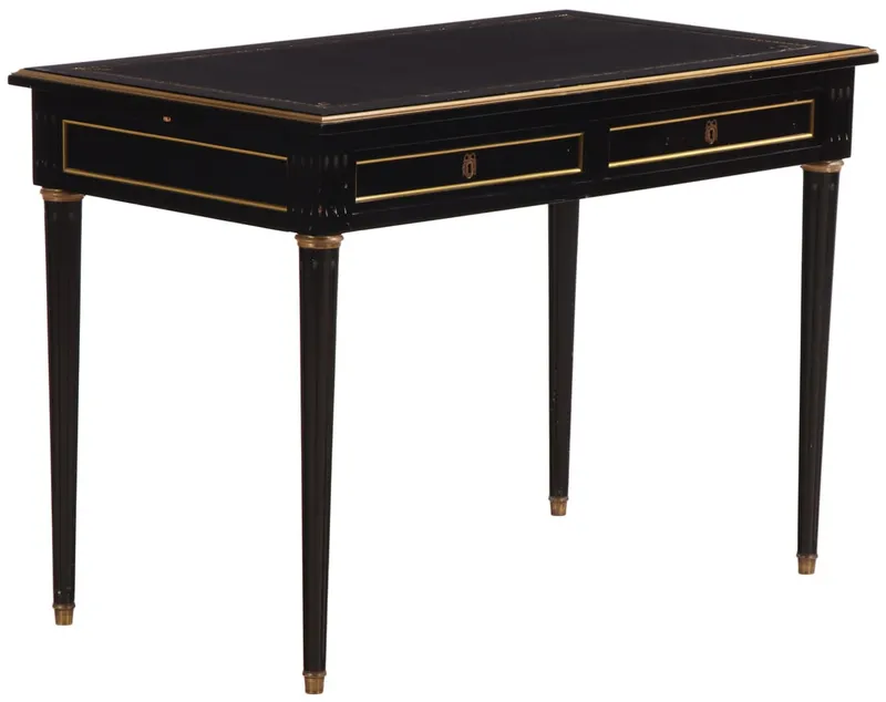 FRENCH LOUIS XVI STYLE EBONIZED MAHOGANY BRONZE MOUNTED WRITING DESK WITH EMBOSSED LEATHER AND from auction in Philadelphia, Pennsylvania