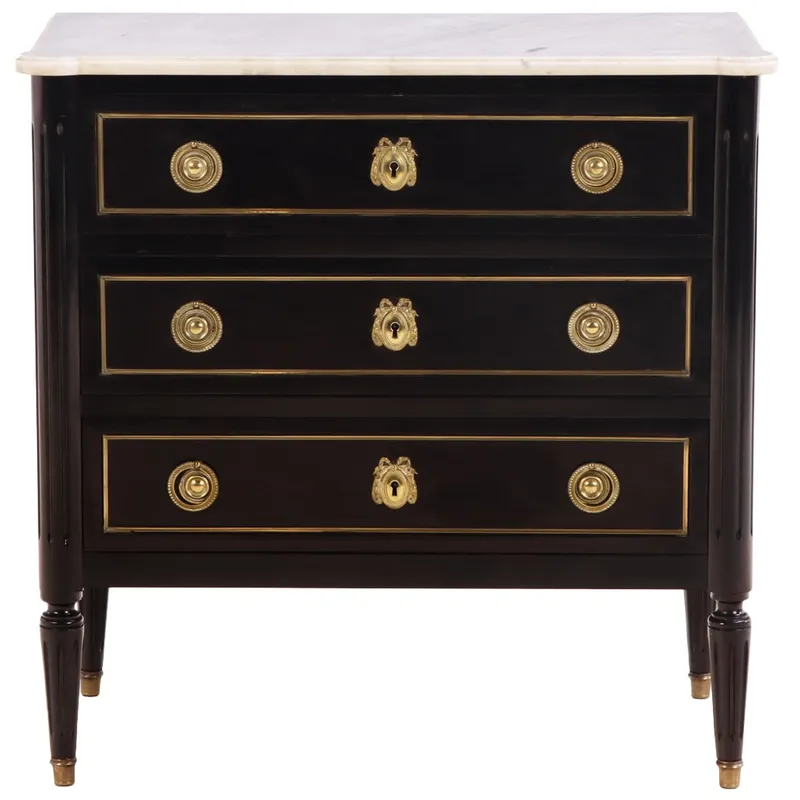 FRENCH DIRECTOIRE STYLE EBONIZED MAHOGANY BRONZE MOUNTED MARBLE TOP COMMODE C 1950. from auction in Philadelphia, Pennsylvania