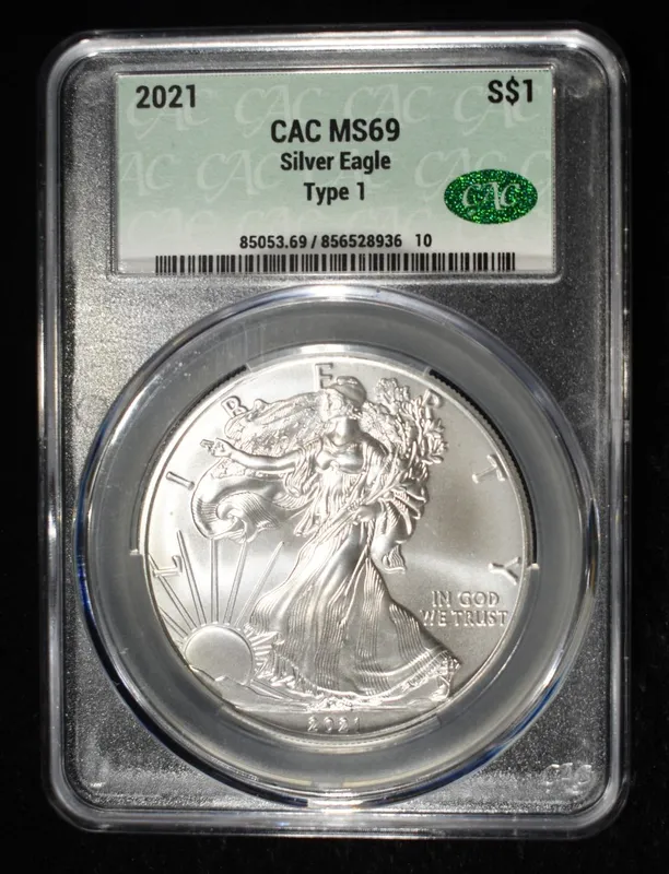 2021 AMERICAN SILVER EAGLE CAC MS69 TYPE1 from auction in Findlay, Ohio