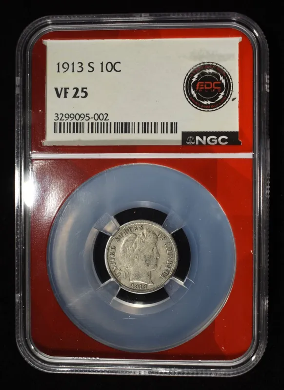 1913-S BARBER DIME NGC VF-25 from auction in Findlay, Ohio