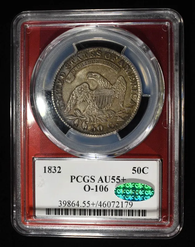 1832 BUST HALF DOLLAR PCGS AU-55+ CAC O-106 from auction in Findlay, Ohio