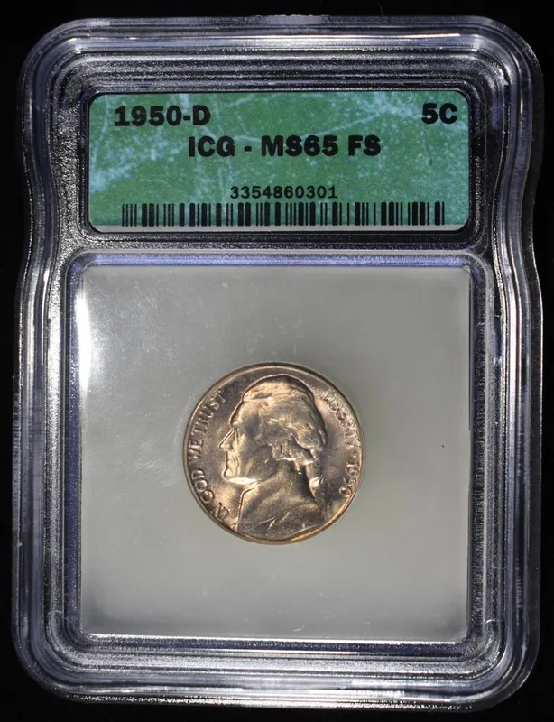 1950-D JEFFERSON NICKEL ICG MS65 FS from auction in Findlay, Ohio