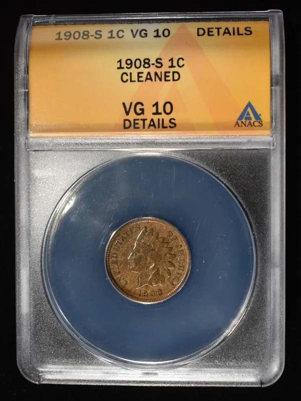 1908-S INDIAN CENT VG 10 DETAILS CLEANED ANACS from auction in Findlay, Ohio