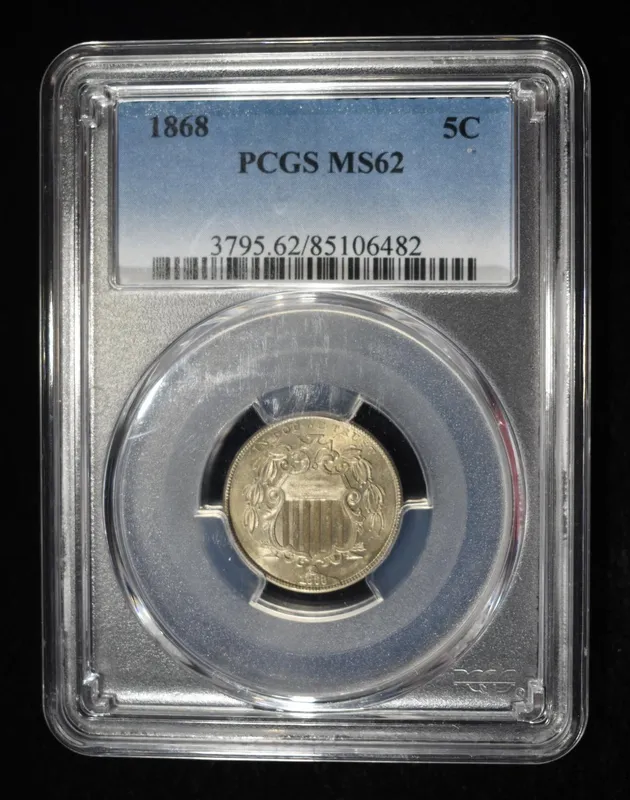 1868 SHIELD NICKEL PCGS MS-62 from auction in Findlay, Ohio