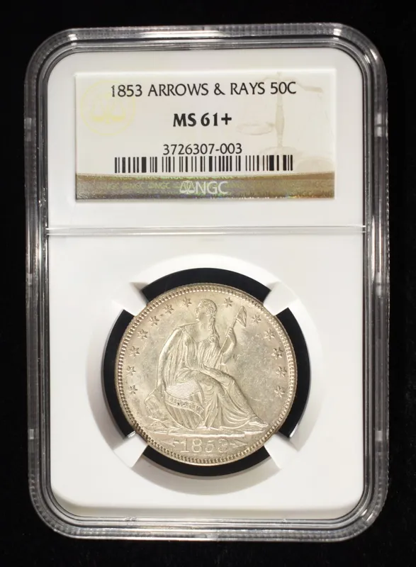 1853 SEATED LIBERTY HALF DOLLAR NGC MS-61+ from auction in Findlay, Ohio