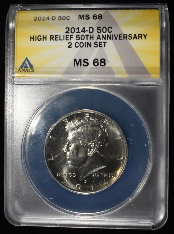 2014-D KENNEDY 50C ANACS HI-RELIEF 50TH ANNIV MS68 from auction in Findlay, Ohio