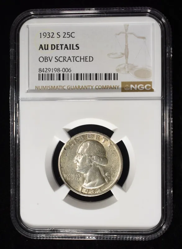 1932-S WASHINGTON 25C NGC AU DETAILS OBV SCRATCHED from auction in Findlay, Ohio