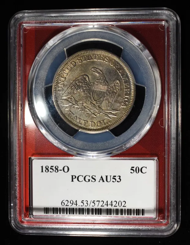 1858-O SEATED LIBERTY HALF DOLLAR PCGS AU-53 from auction in Findlay, Ohio
