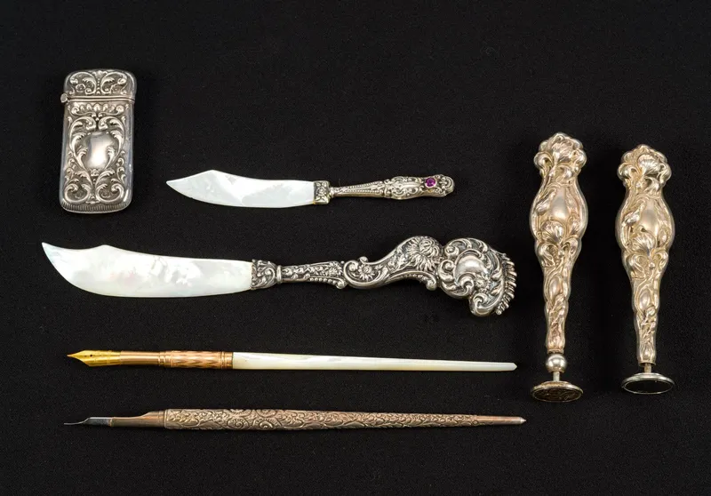6 Sterling Silver Objects & Mother of Pearl Handle Fountain Pen from auction in Harrisburg, Pennsylvania