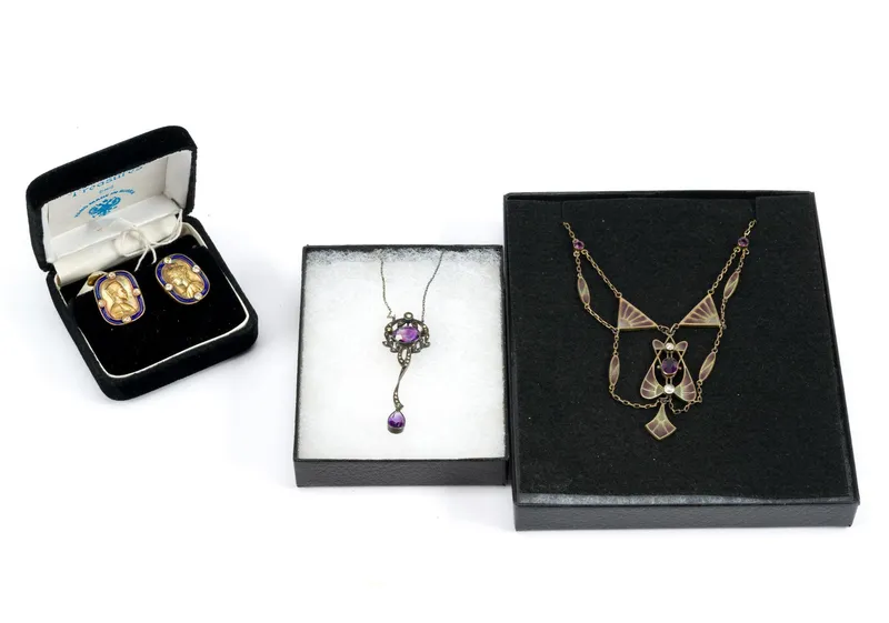 2 Silver Lavaliere Necklaces & Russian Silver Gilt Cufflinks from auction in Harrisburg, Pennsylvania