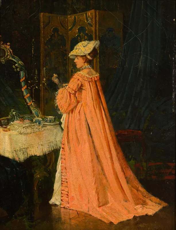 Oil On Canvas After Alfred Stevens (1823-1906) "Portrait Of A Young Woman At Her Toilette" from auction in Harrisburg, Pennsylvania