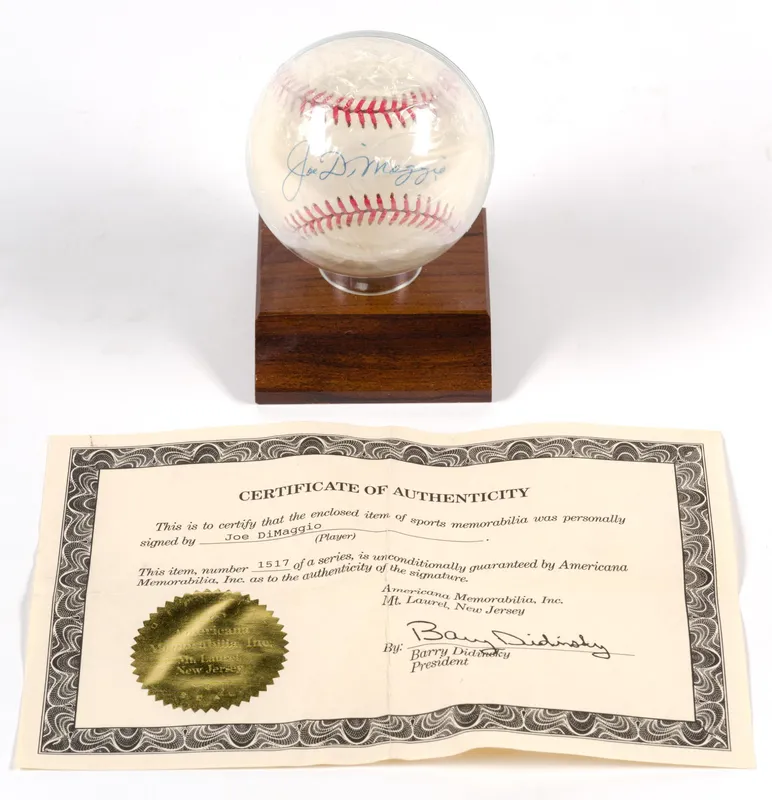 Joe DiMaggio Signed Baseball with COA from auction in Harrisburg, Pennsylvania