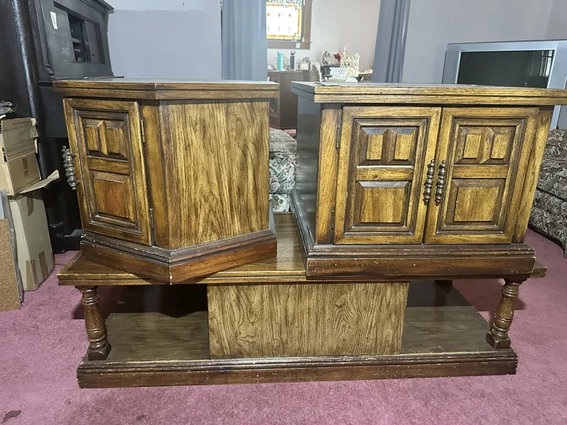 3-Piece Living Room Table Set matching coffee table and 2 end tables with cabinet storage. Includes octagonal end table, square end table, and coffee table from auction in Clifford , Pennsylvania