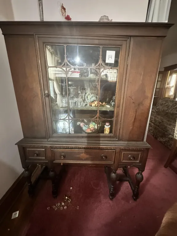 Wood China Hutch wood china hutch with glass front door, lower drawers, and decorative trim from auction in Clifford , Pennsylvania