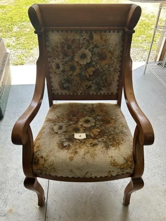 Vintage Floral Upholstered Wood Armchair from auction in Clifford , Pennsylvania