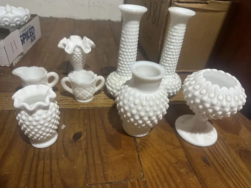 8 Piece Fenton Style Hobnail Milk Glass Collection from auction in Clifford , Pennsylvania