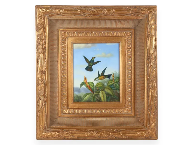 Naturalistic Oil on Canvas Painting of Hummingbirds and Tropical Flora in Ornate Gilded Frame from auction in Atlanta, Georgia