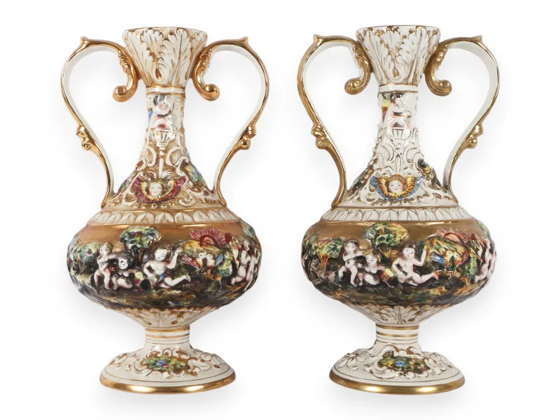 A Pair of Capodimonte Polychrome and Gilded Two-Handle Porcelain Vases from auction in Atlanta, Georgia