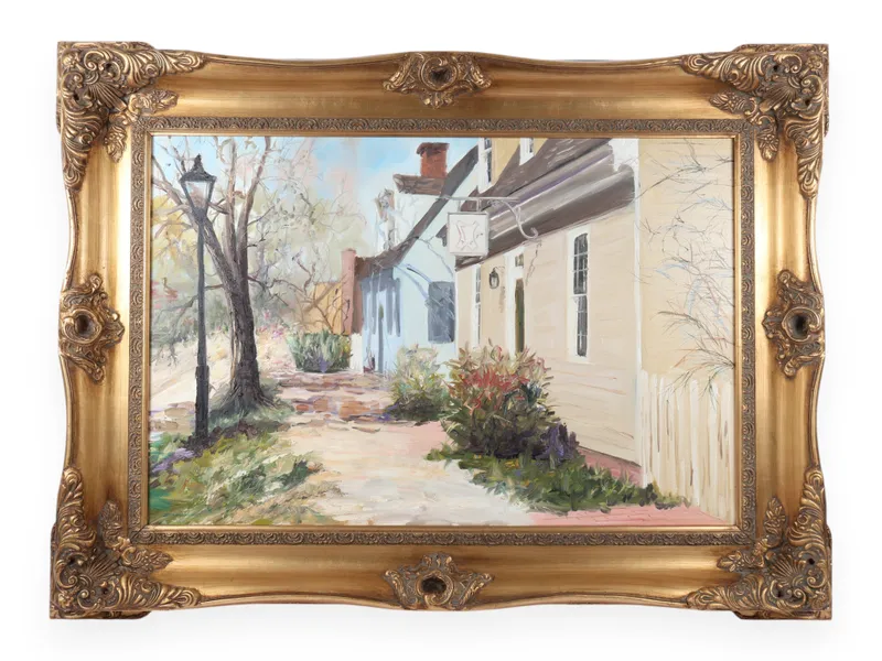 Gene Mandrick, Colonial Street Scene, Oil on Canvas (Signed) from auction in Atlanta, Georgia