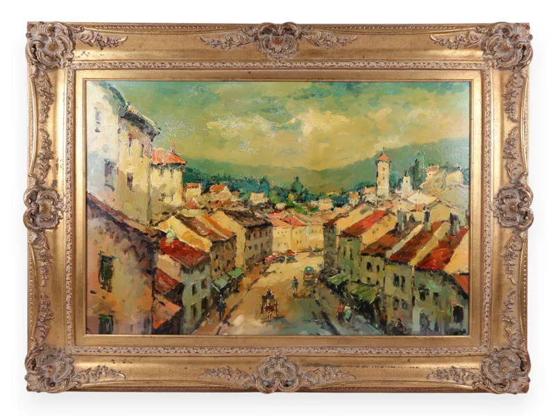 T. Cole, European Street Scene with Figures and Carriages, Oil on Canvas (Signed) from auction in Atlanta, Georgia
