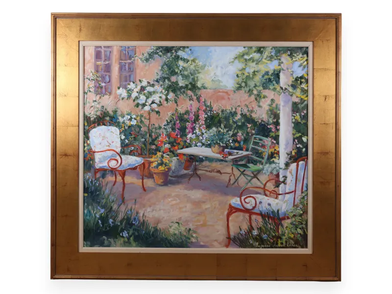 Suzanne French Luker (American, 20th Century) Oil on Canvas, Red Patio Chairs, 1986 from auction in Atlanta, Georgia