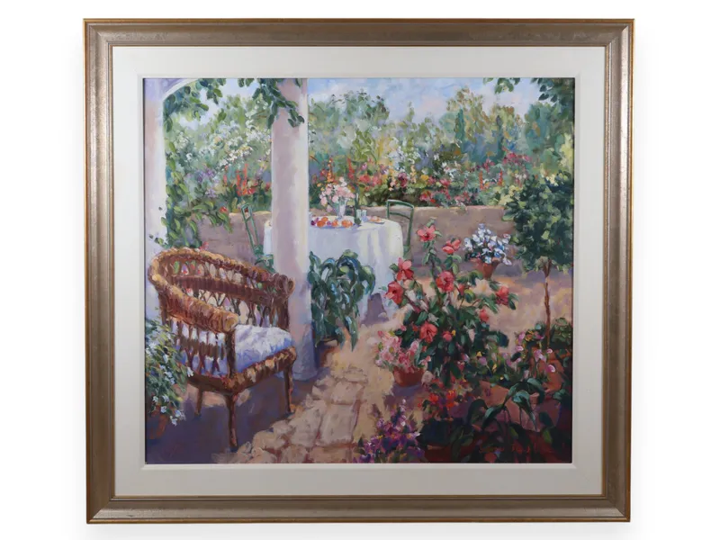 Suzanne French Luker, Lunch in the Garden, Large Oil on Canvas from auction in Atlanta, Georgia