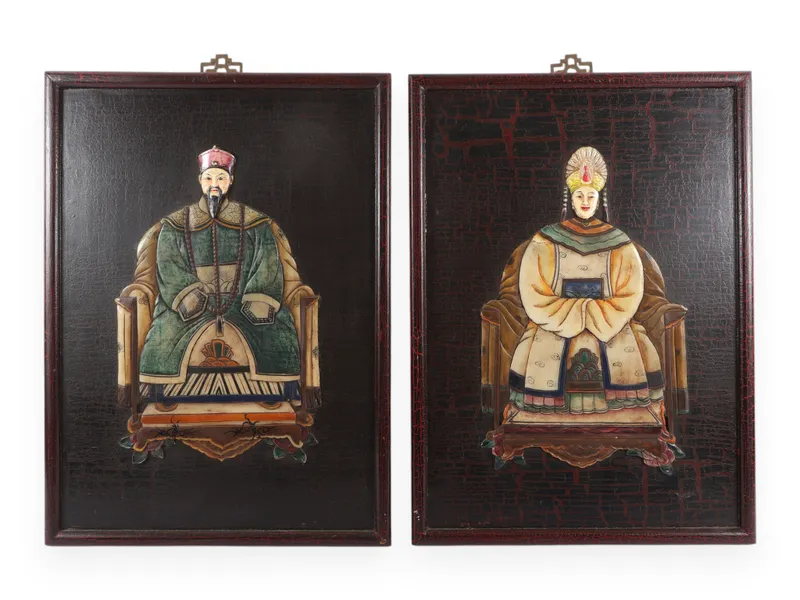 A Pair of Chinese Relief Panels depicting 'Seated Ancestors' from auction in Atlanta, Georgia