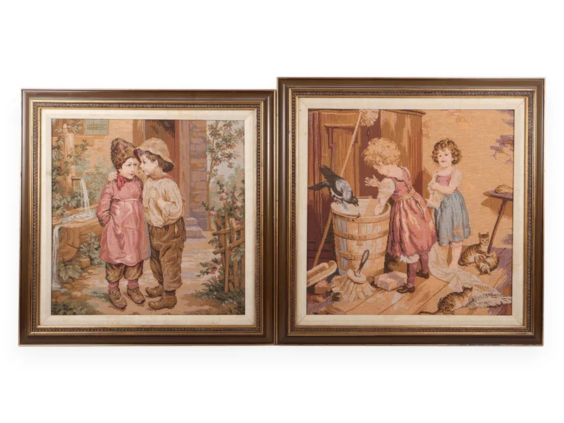 A Pair of Framed Machine Woven French Genre Scene Tapestries Depicting Children from auction in Atlanta, Georgia