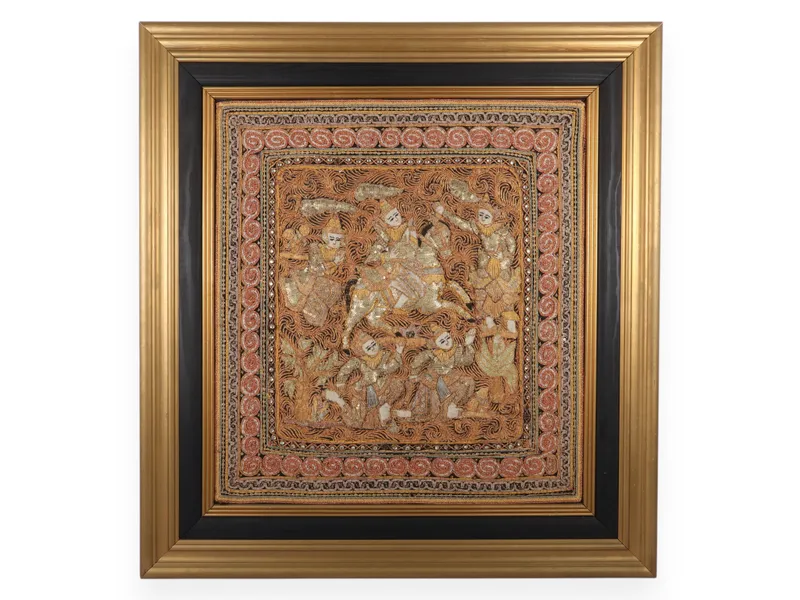 Framed Burmese Kalaga Shwe Chi Doe Narrative Tapestry from auction in Atlanta, Georgia