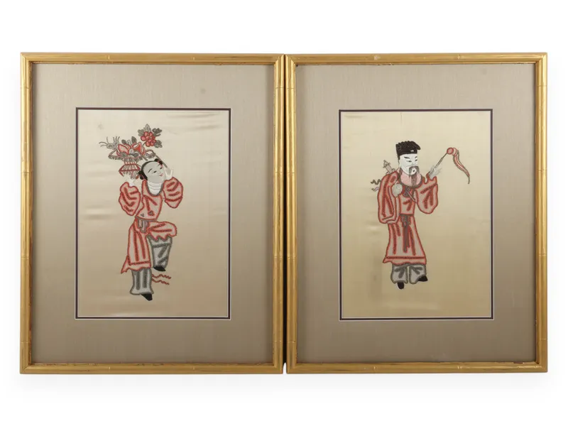 A Pair of Chinese Gilded Framed Silk Embroideries of Immortals from auction in Atlanta, Georgia