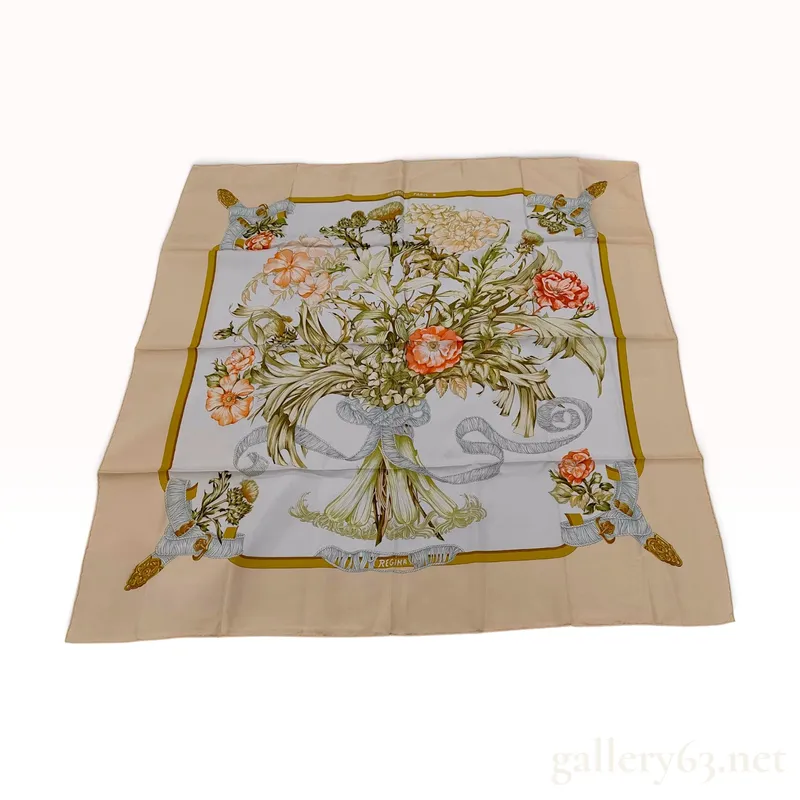Vintage Hermes Regina Silk Carre 107 in Beige and Cream from auction in Atlanta, Georgia