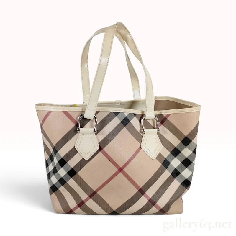 Burberry Nova Check Cream Patent Leather Trim Tote Bag from auction in Atlanta, Georgia