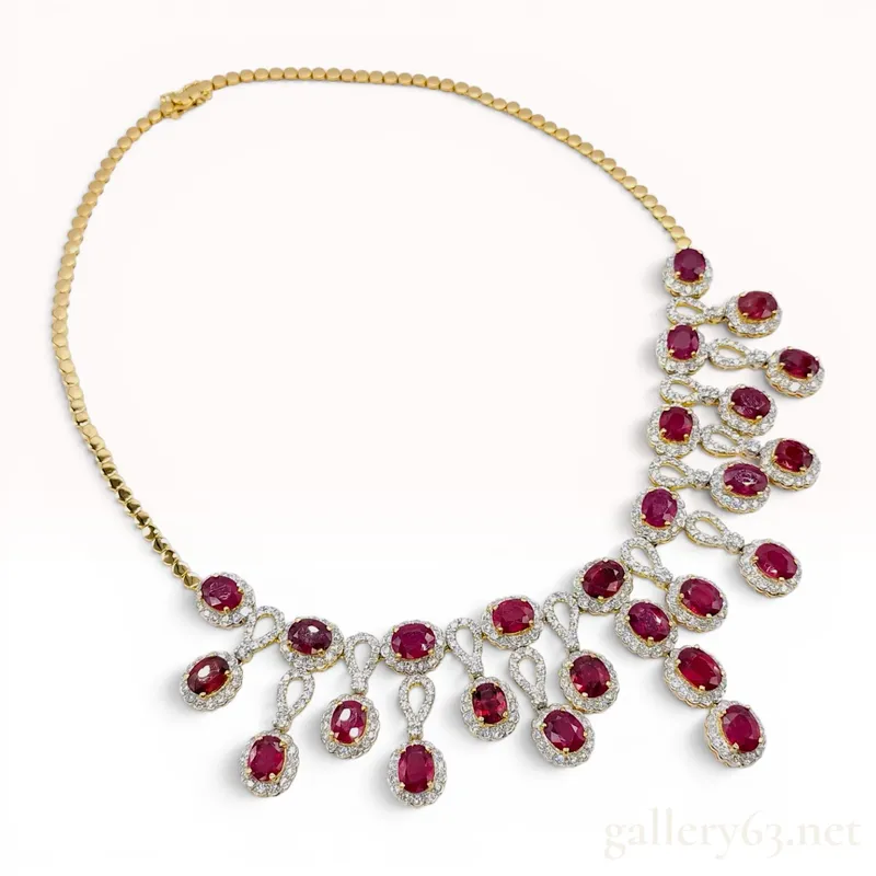 An Important 18K Yellow Gold 56.76ctw Ruby and 10.00ctw Diamond Bib Fringe Necklace from auction in Atlanta, Georgia