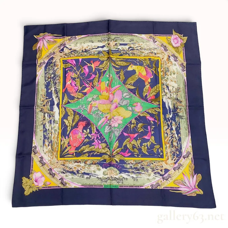 Hermes Silk Twill 90cm Scarf in Tropiques Pattern from auction in Atlanta, Georgia
