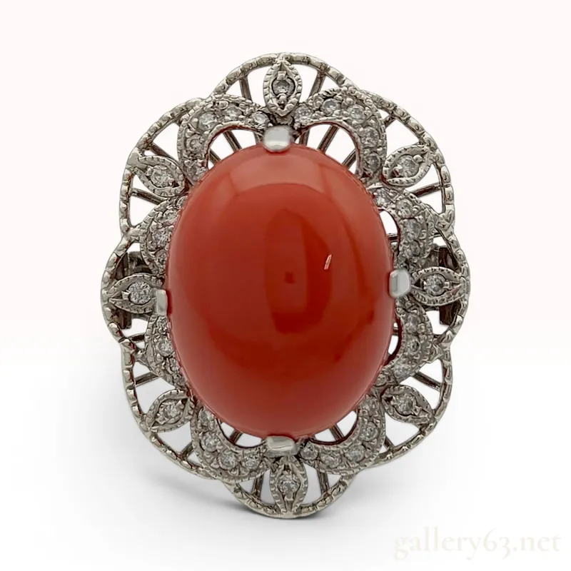 Antique Red Coral and Diamond Cocktail Ring in Pt900 Platinum from auction in Atlanta, Georgia